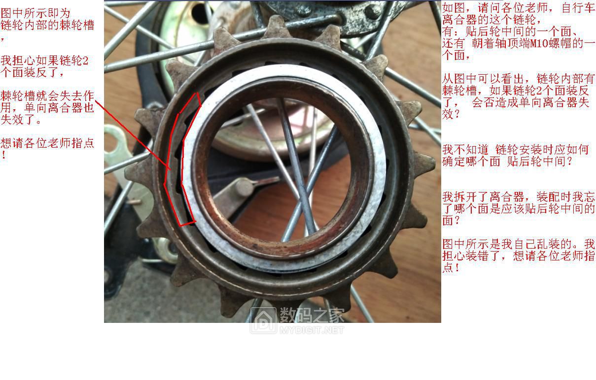 老师们已指点我自行车单向离合器链轮内部棘轮槽棘轮与棘爪的安装