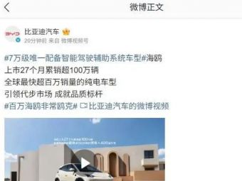 比亚迪海鸥车型上市 27 个月累销超 100 万辆