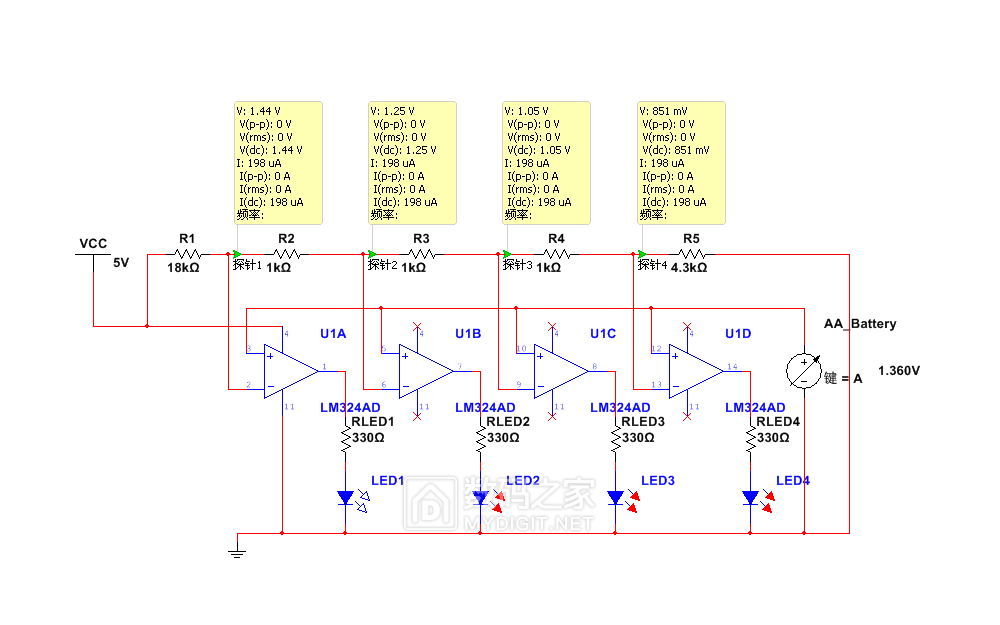 用lm324做一个aa或aaa电池的电量指示器