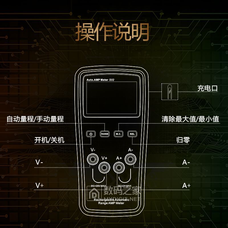 凌安无线自动量程数字电流电压表(型号S02黄款)开箱及对比测试- 仪表谈