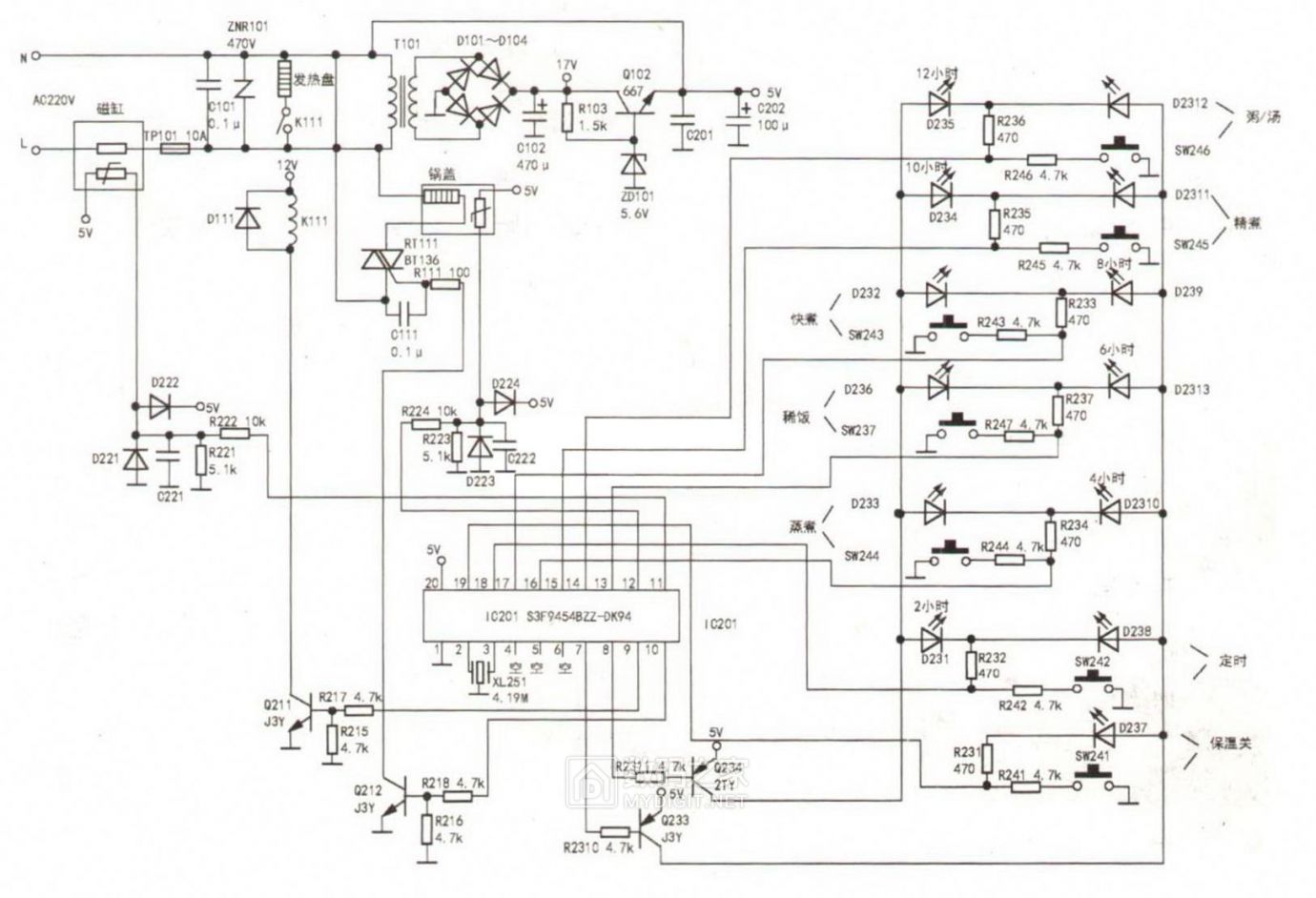 美的电饭煲电路板ebfch48a7还找到类似电路图了