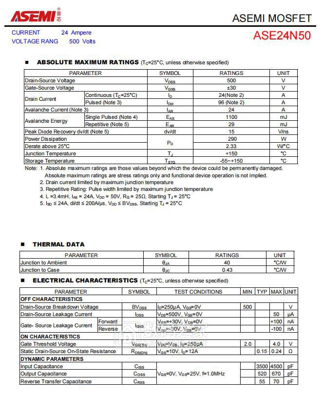 ASEMI的MOS管24N50参数，24N50封装，24N50尺寸 - 电子学堂 数码之家