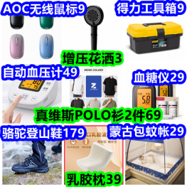 得力工具箱9 花洒3 自动血压计49 血糖仪29 AOC无线鼠标9 蚊帐29 骆驼登山鞋179