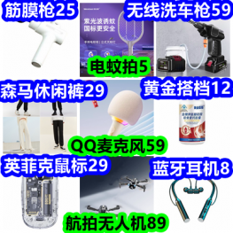 电蚊拍5 森马休闲裤29 QQ麦克风59 蓝牙耳机8 筋膜枪25 无线洗车枪59 无人机89