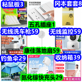 粘鼠板3 康佳落地扇59 冈本套套8 无线监控59 收纳箱3个39 无线洗车枪59 监控59